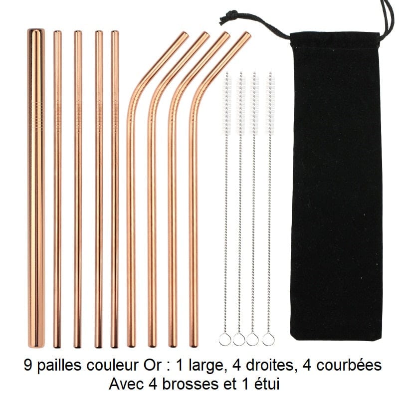 Genanvendelige sugerør i rustfrit stål 9 guldfarvede sugerør: 1 bredt, 4 lige, 4 buede