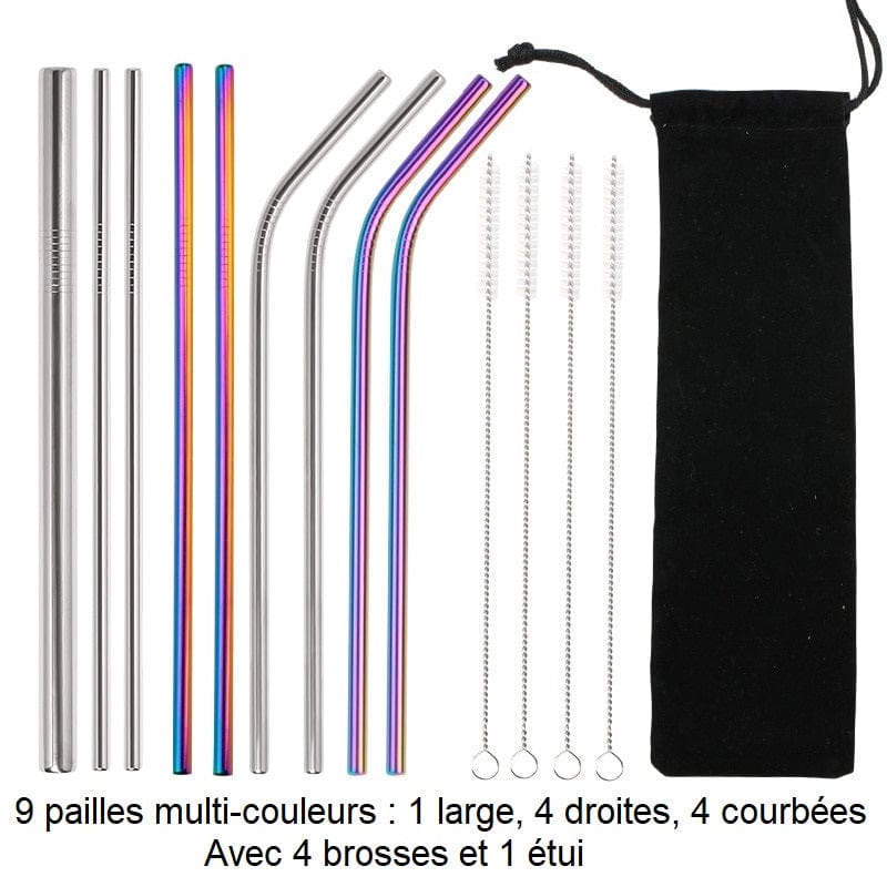 Genanvendelige sugerør i rustfrit stål 9 flerfarvede sugerør: 1 bredt, 4 lige, 4 buede