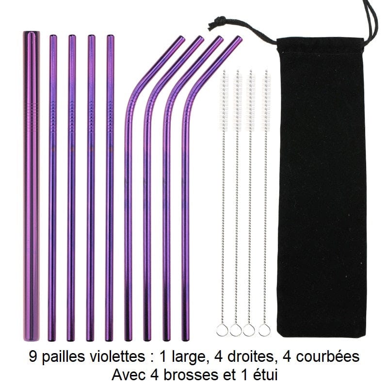Genanvendelige sugerør i rustfrit stål 9 violette sugerør: 1 bredt, 4 lige, 4 buede