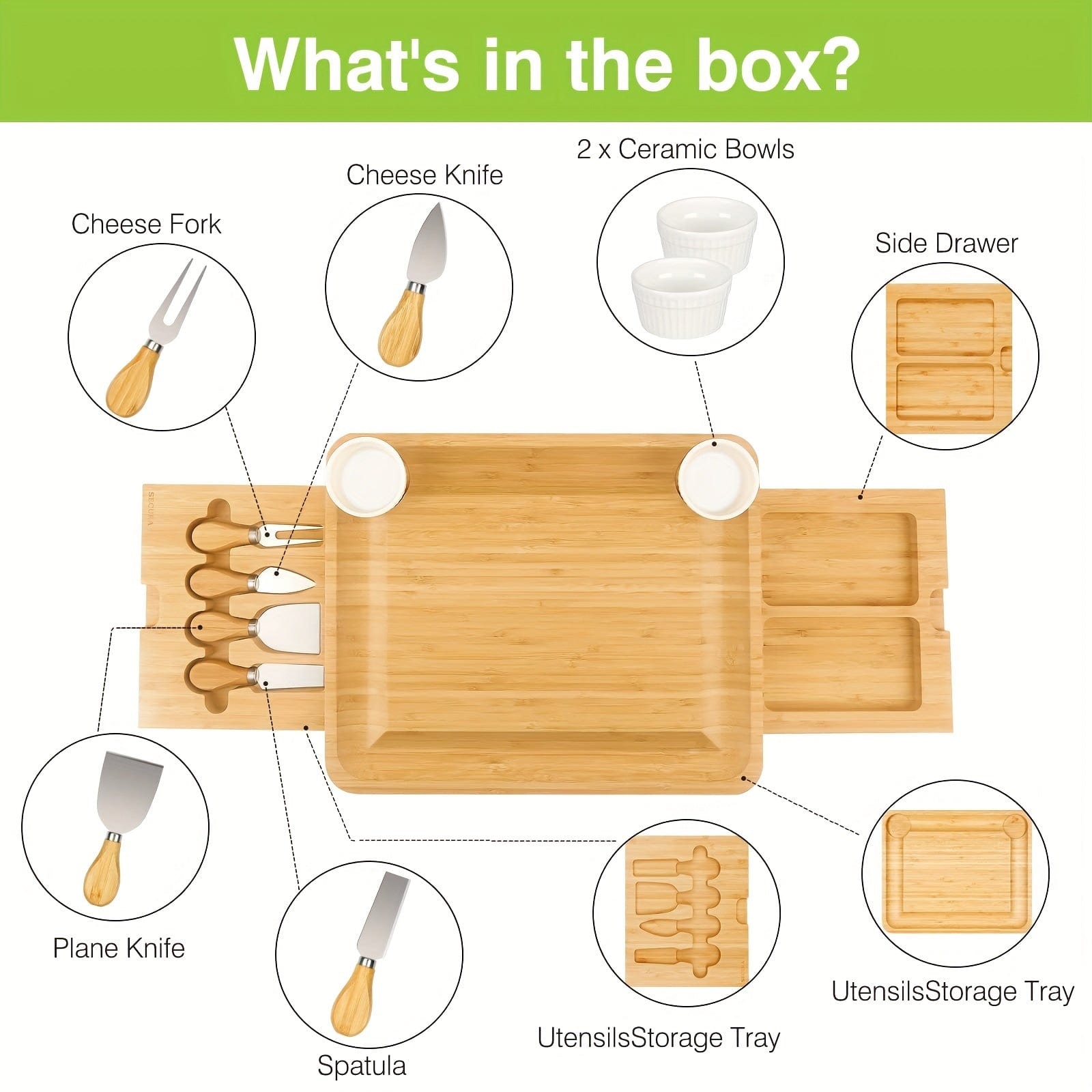 Bambus-ostebræt med kniv og keramiske skåle - Gavesæt - FN63926 Beige