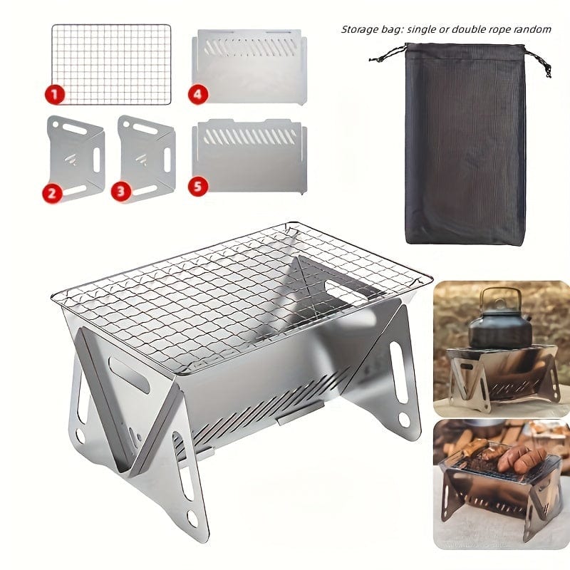 Campingbrændeovn med grill, rustfrit stål, bærbar 1 stk.