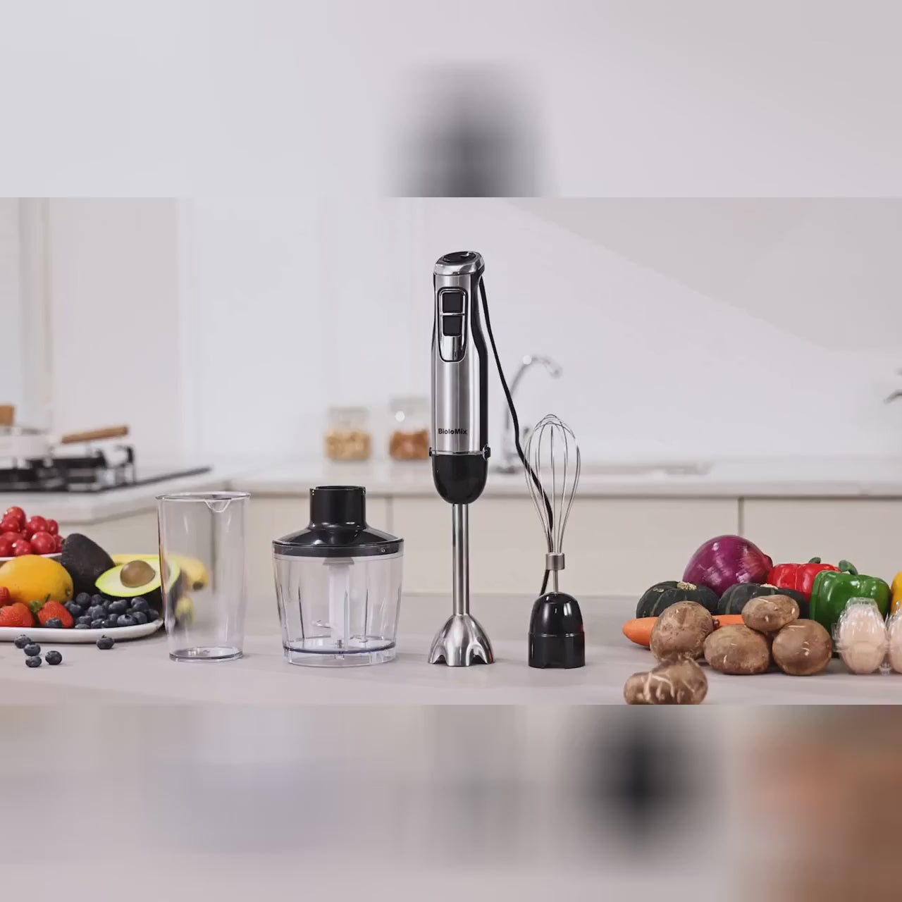 Stavblender med beholdere og tilbehør