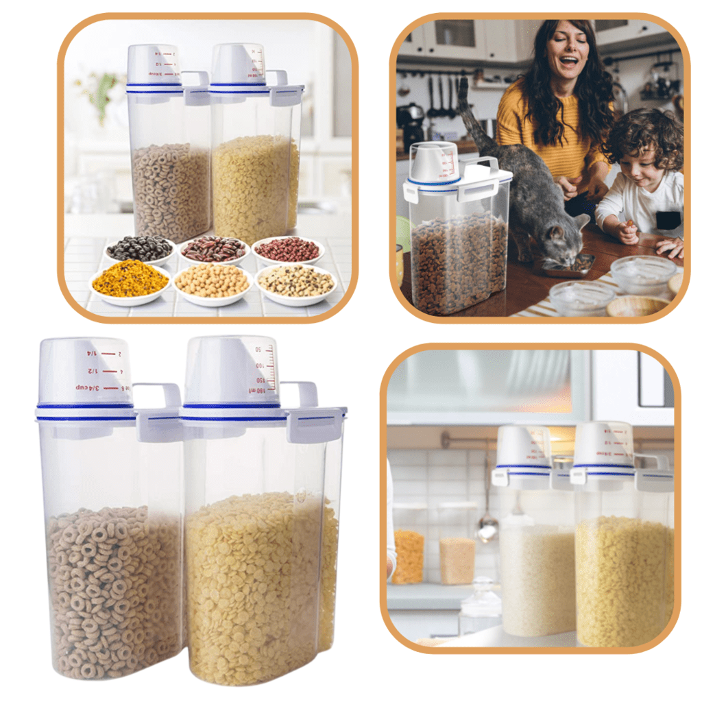 Opbevaringsbeholder til fødevarer med hældetud og gradueret måletud