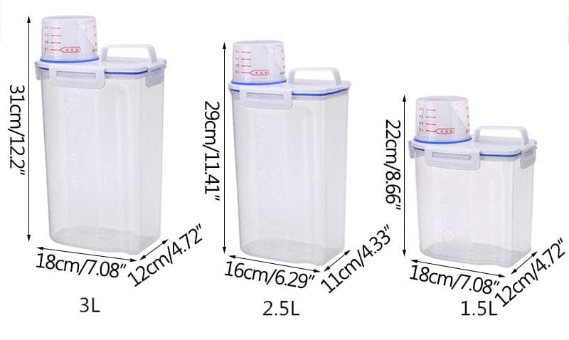 Opbevaringsbeholder til fødevarer med hældetud og gradueret måletud