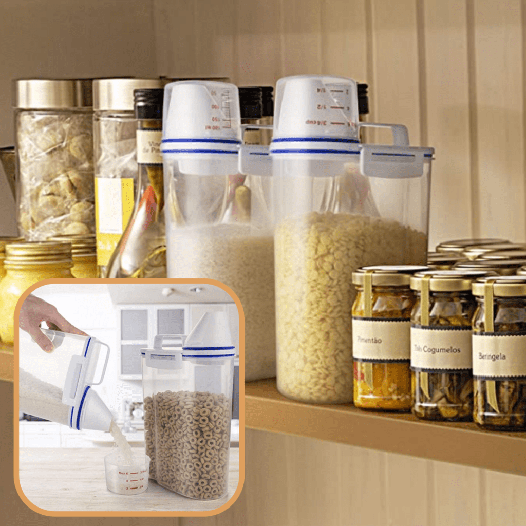 Opbevaringsbeholder til fødevarer med hældetud og gradueret måletud