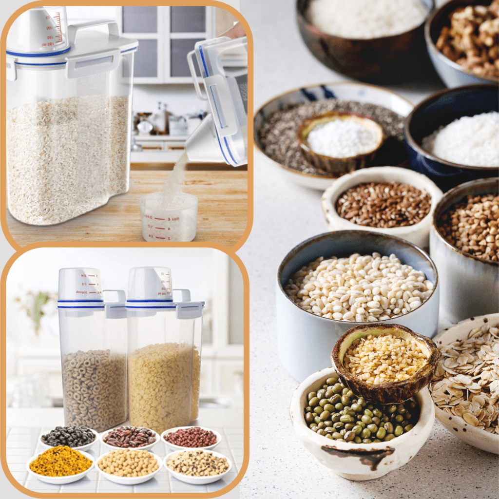 Opbevaringsbeholder til fødevarer med hældetud og gradueret måletud