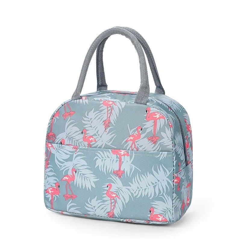 Isothermal madkassetaske i gråblåt stof med print af pink flamingoer