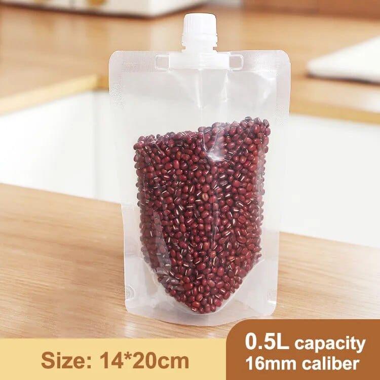 Konserveringsposer med håndtag og genlukkelig skænkeprop (10 poser) 0,5 liter