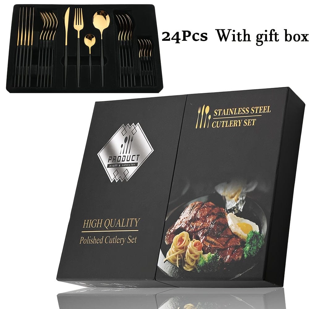 Gyldent bestiksæt med sort skaft - Rustfrit stål 24 dele - VF20943 Black Golden 24Pcs Box