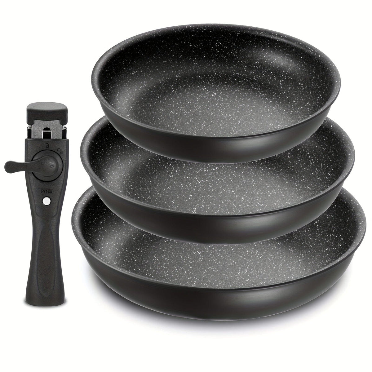 Sæt med aftagelige non-stick-pander | 3 størrelser | Passer til alle brændere | Aluminium | Sort