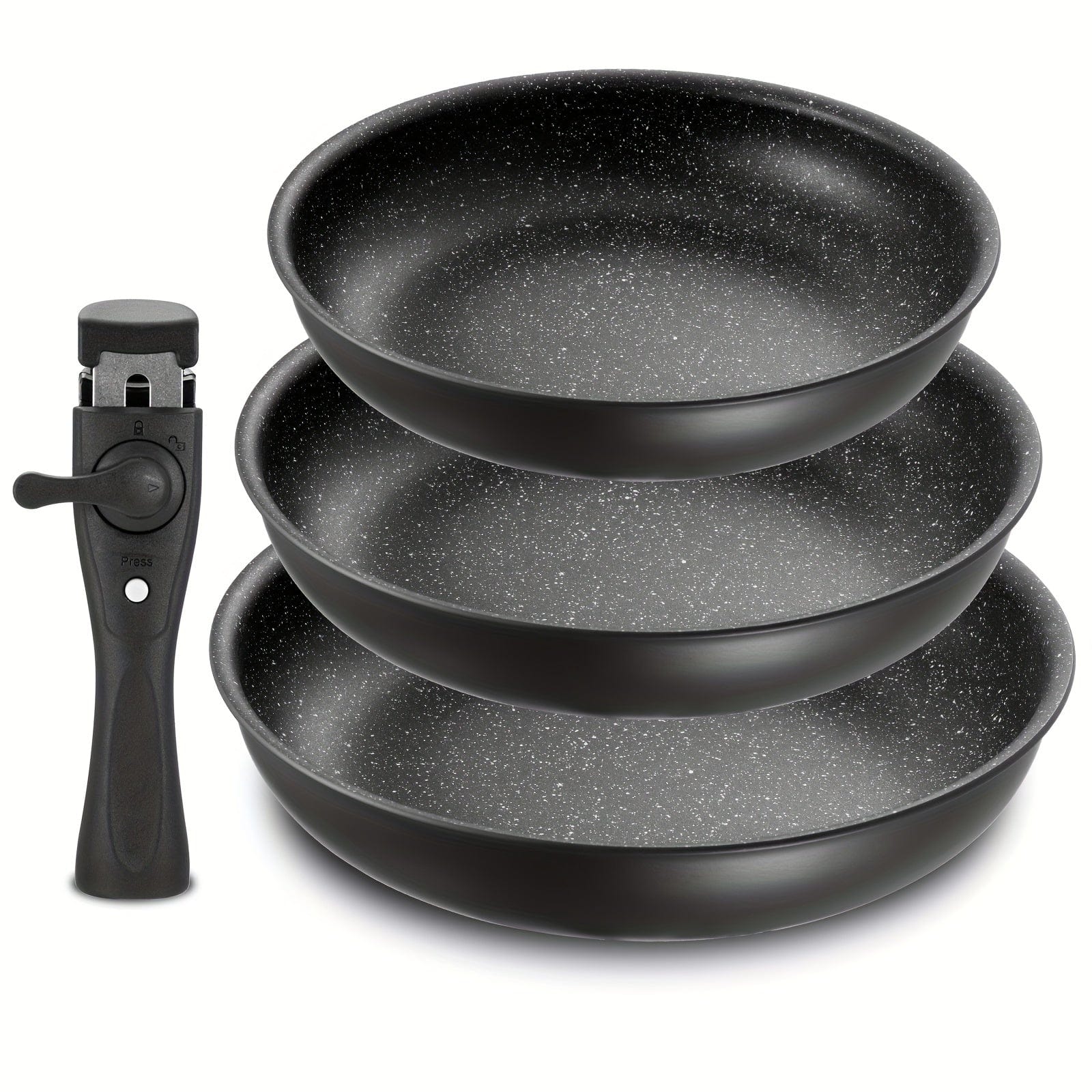 Sæt med aftagelige non-stick-pander | 3 størrelser | Passer til alle brændere | Aluminium | Sort