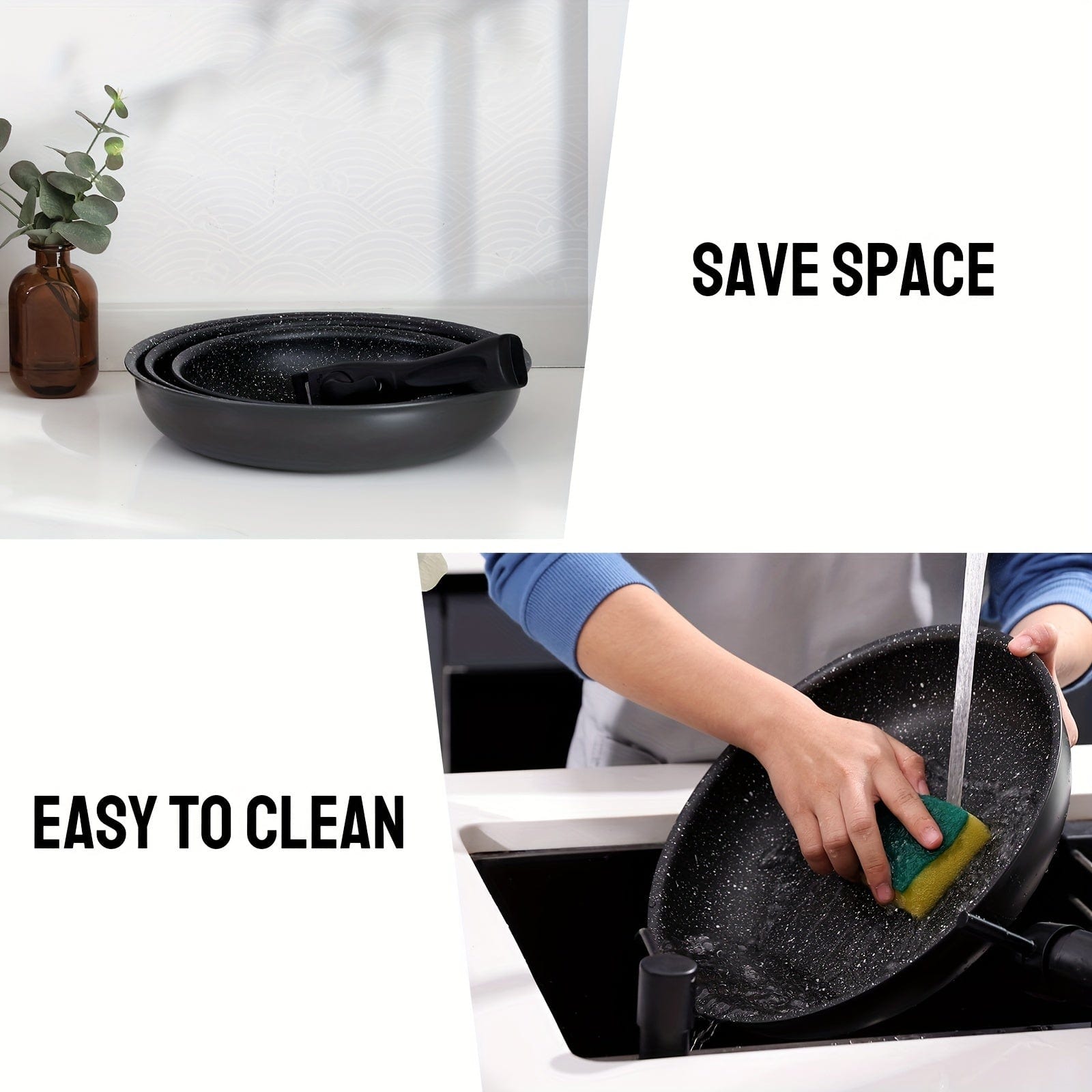 Sæt med aftagelige non-stick-pander | 3 størrelser | Passer til alle brændere | Aluminium | Sort