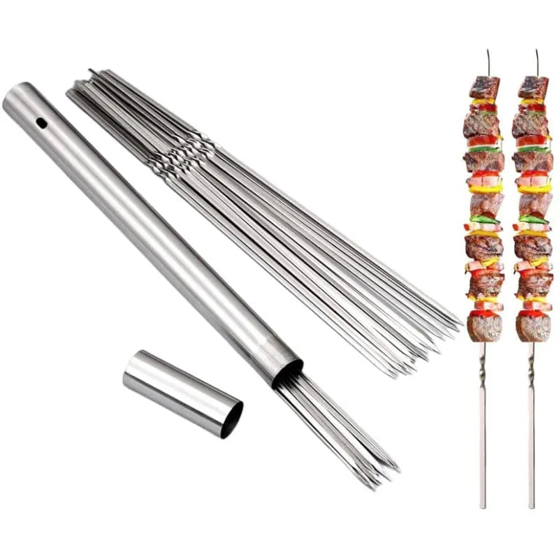 Grillspyd i rustfrit stål BBQ Shish Kebab Flat Forks Storage Tube for Outdoor Camping Picnic Cooking Tools Reusable 20Pcs