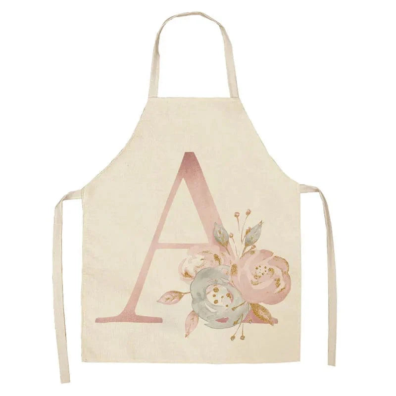 Børneforklæde i hør med lyserødt bogstavdesign - tilbehør til madlavning og bagning A / 47x38 cm i børnestørrelse