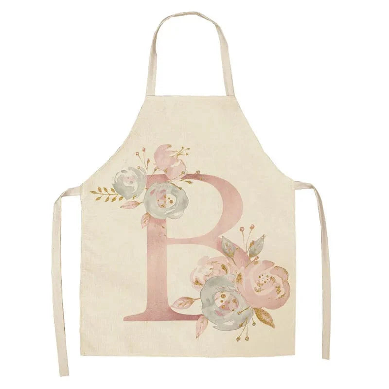 Børneforklæde i hør med lyserødt bogstavdesign - tilbehør til madlavning og bagning B / 47x38cm børnestørrelse