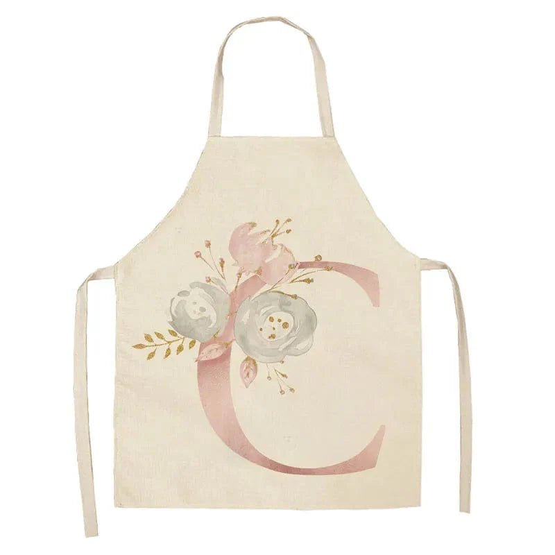 Børneforklæde i hør med lyserødt bogstavdesign - tilbehør til madlavning og bagning C / 68x55cm voksenstørrelse
