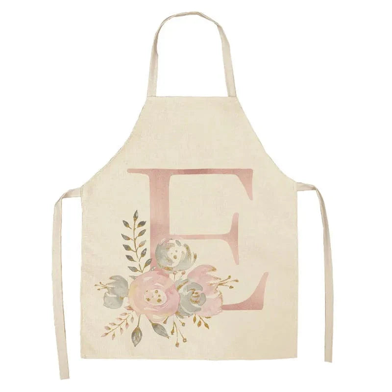 Børneforklæde i hør med lyserødt bogstavdesign - tilbehør til madlavning og bagning E / 47x38cm børnestørrelse