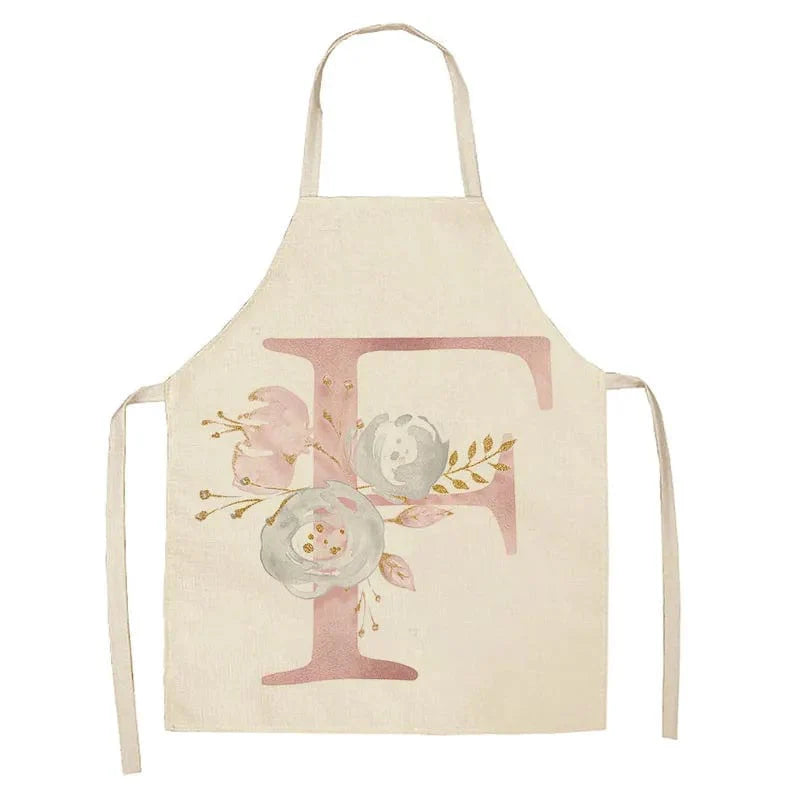 Børneforklæde i hør med lyserødt bogstavdesign - tilbehør til madlavning og bagning F / 47x38cm børnestørrelse