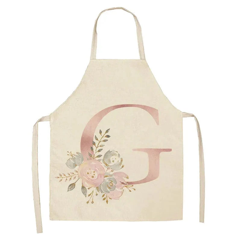 Børneforklæde i hør med lyserødt bogstavdesign - tilbehør til madlavning og bagning G / 47x38cm børnestørrelse