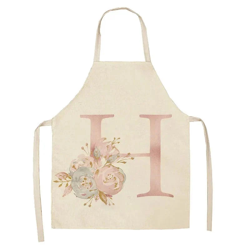 Børneforklæde i hør med lyserødt bogstavdesign - tilbehør til madlavning og bagning H / 47x38cm børnestørrelse