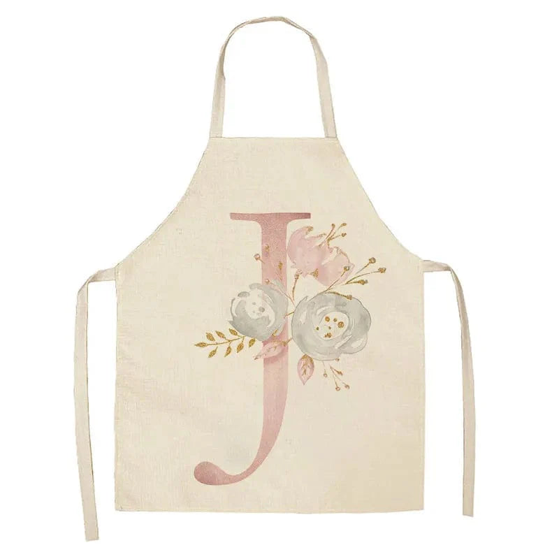 Børneforklæde i hør med lyserødt bogstavdesign - tilbehør til madlavning og bagning J / 47x38cm børnestørrelse