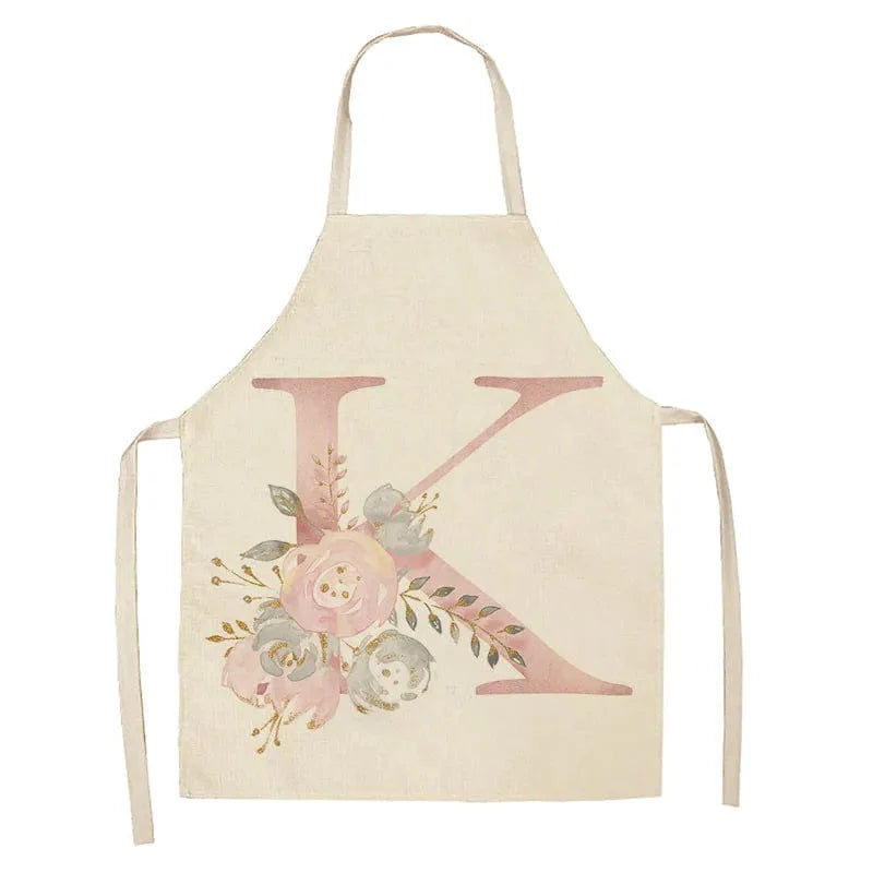 Børneforklæde i hør med lyserødt bogstavdesign - tilbehør til madlavning og bagning K / 68x55cm voksenstørrelse