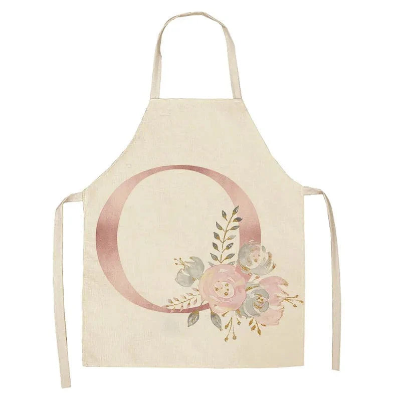 Børneforklæde i hør med lyserødt bogstavdesign - tilbehør til madlavning og bagning O / 47x38cm børnestørrelse