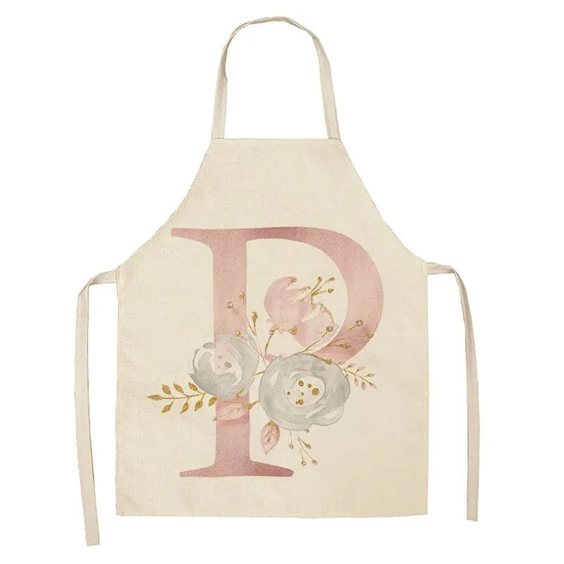 Børneforklæde i hør med lyserødt bogstavdesign - tilbehør til madlavning og bagning P / 47x38cm børnestørrelse