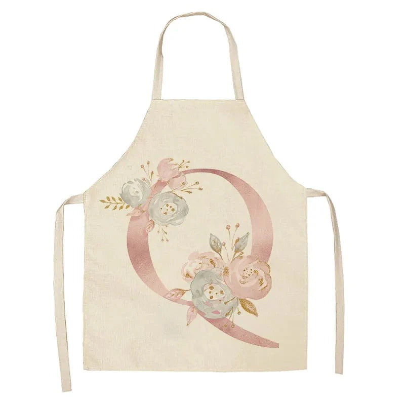Børneforklæde i hør med lyserødt bogstavdesign - tilbehør til madlavning og bagning Q / 47x38cm børnestørrelse