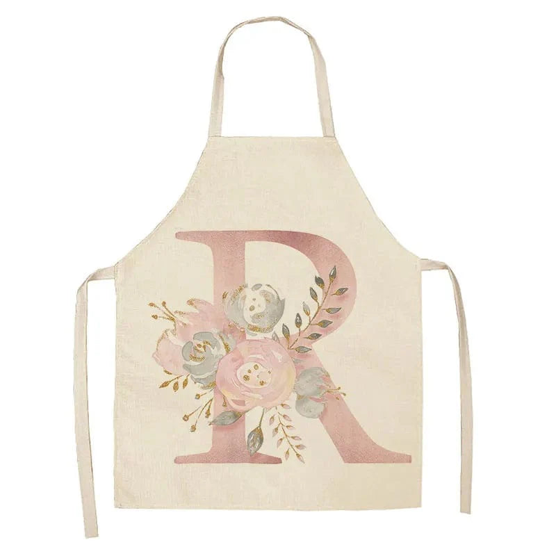 Børneforklæde i hør med lyserødt bogstavdesign - tilbehør til madlavning og bagning R / 47x38cm børnestørrelse