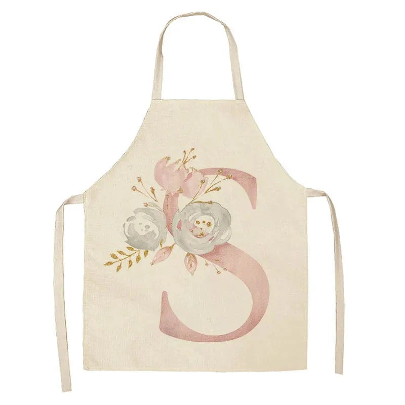 Børneforklæde i hør med lyserødt bogstavdesign - tilbehør til madlavning og bagning S / 47x38cm børnestørrelse