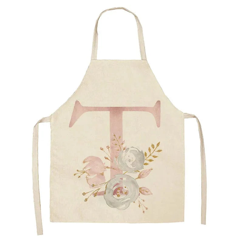 Børneforklæde i hør med lyserødt bogstavdesign - tilbehør til madlavning og bagning T / 47x38cm børnestørrelse
