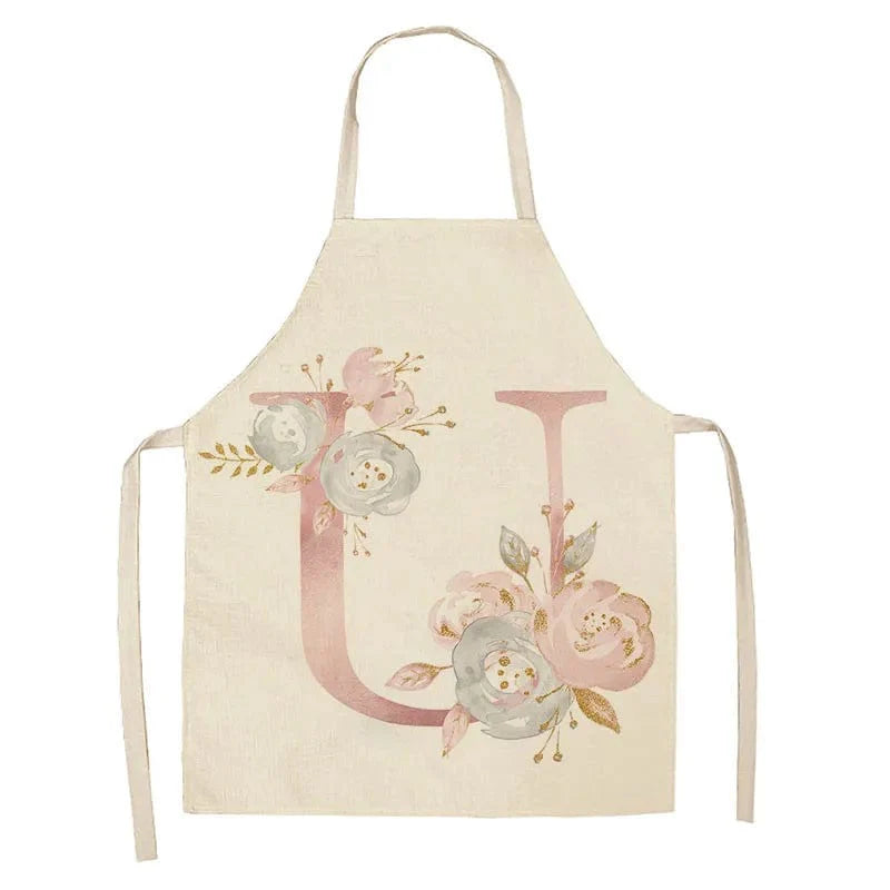Børneforklæde i hør med lyserødt bogstavdesign - tilbehør til madlavning og bagning U / 47x38cm børnestørrelse