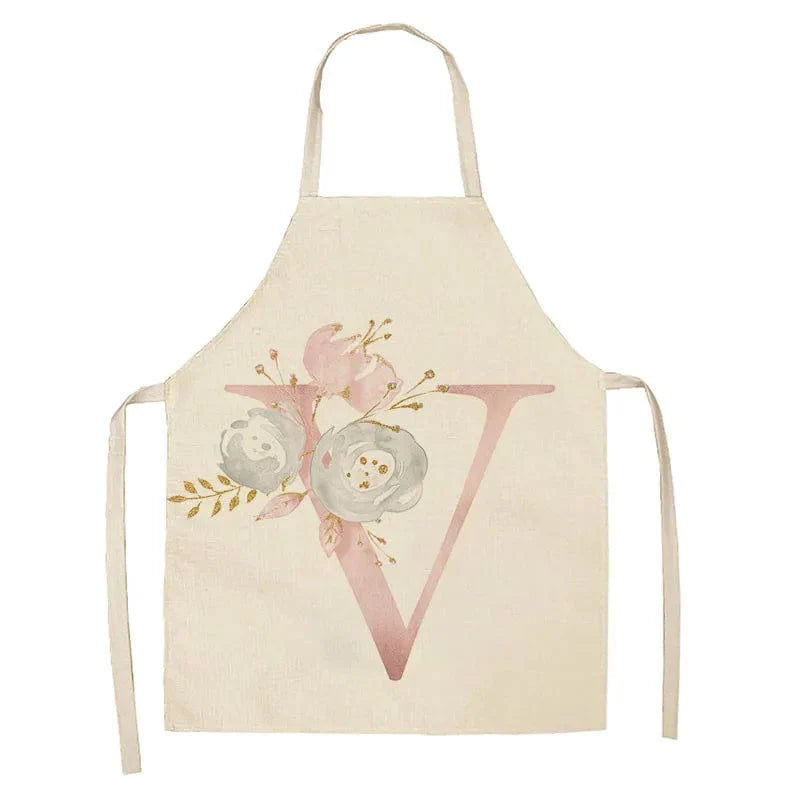 Børneforklæde i hør med lyserødt bogstavdesign - tilbehør til madlavning og bagning V / 47x38cm børnestørrelse