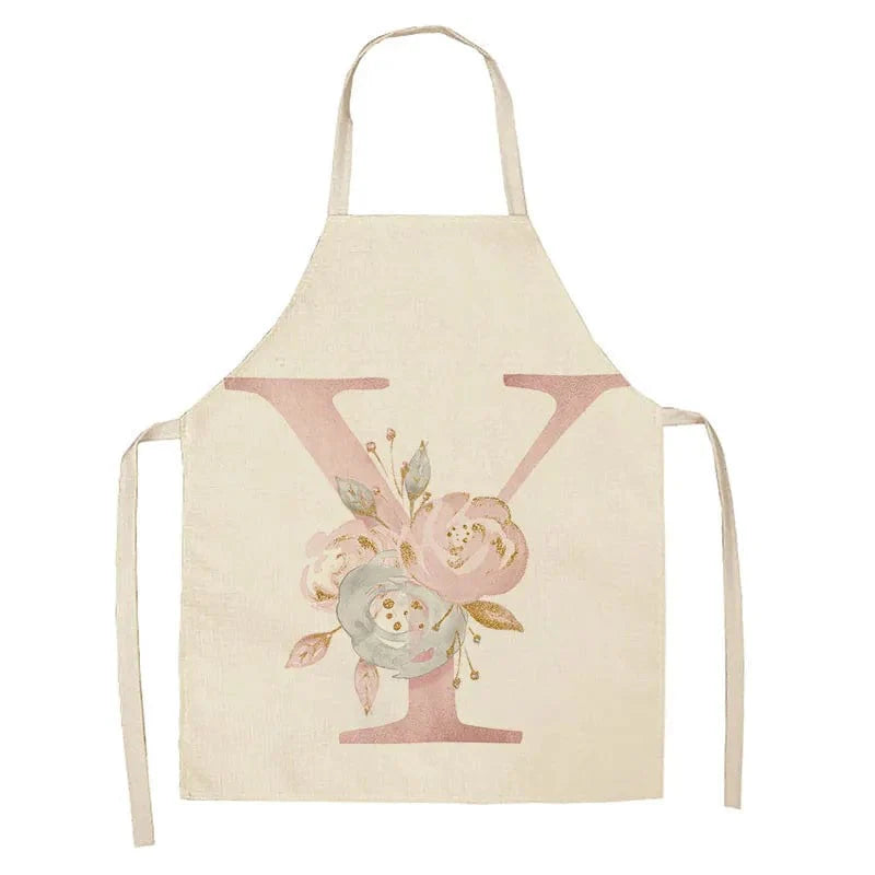Lyserødt linnedforklæde med bogstavdesign til børn - madlavning og bagning Y / 47x38cm børnestørrelse