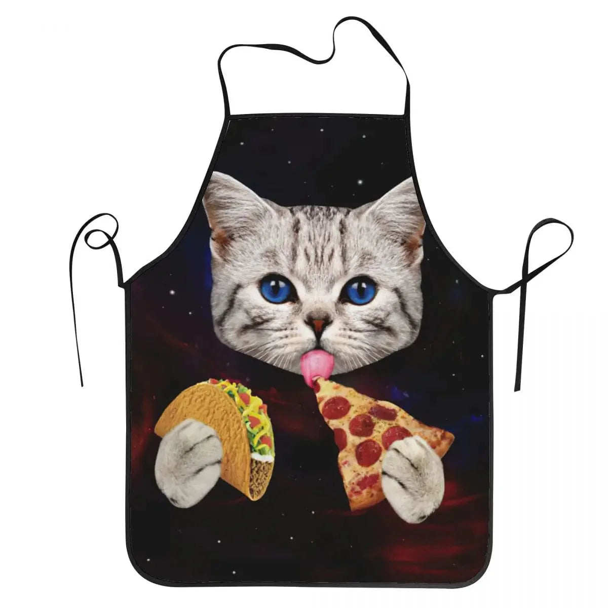 Unisex køkkenforklæde til voksne med Space Cat Pizza Meme-design