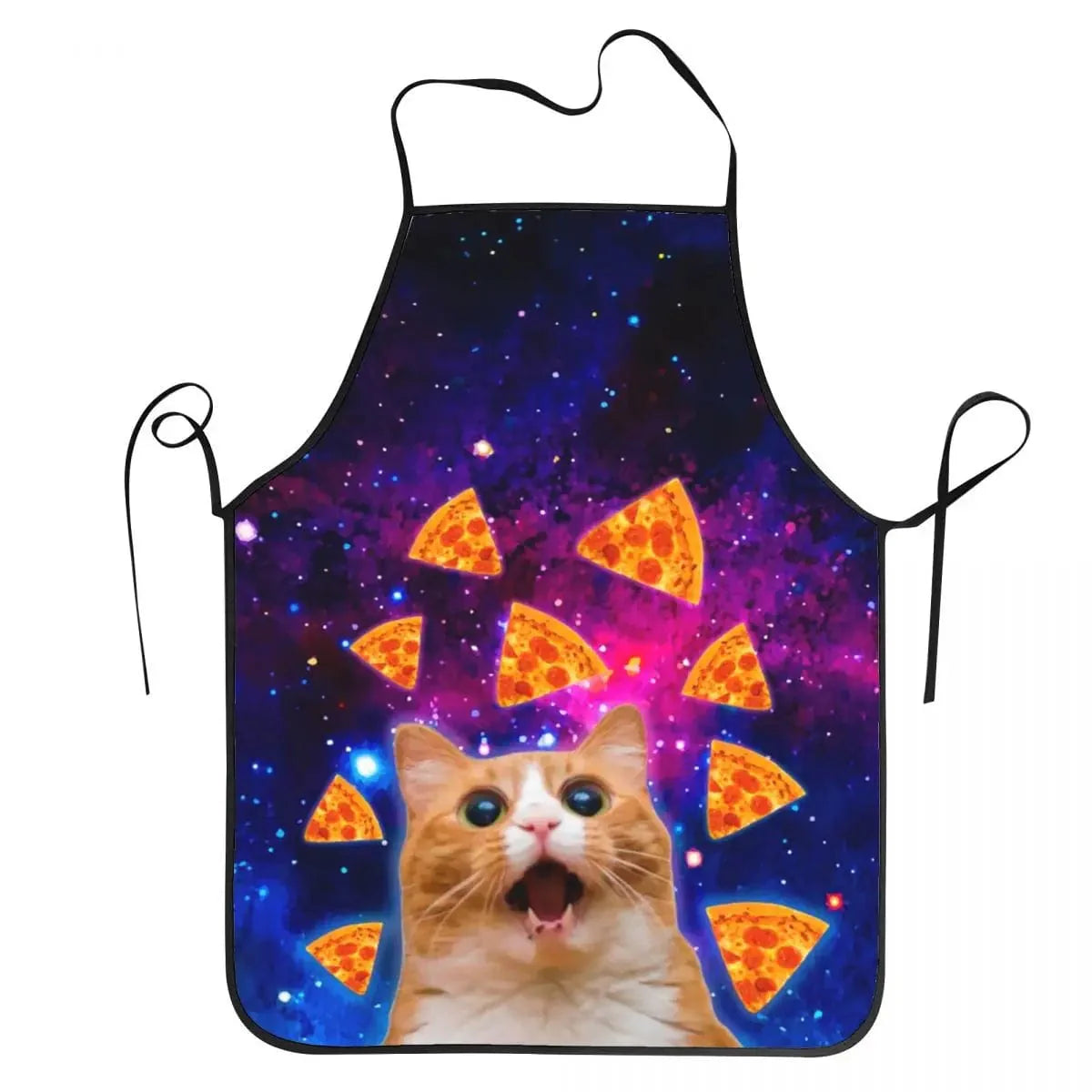 Unisex Space Pizza Cat Meme Bib Apron Chef Tablier Cuisine for Cooking Kitchen Funny Animal Baking (designet på forklædet forestiller en kat, der sidder på en pizza i rummet. Katten holder en is)