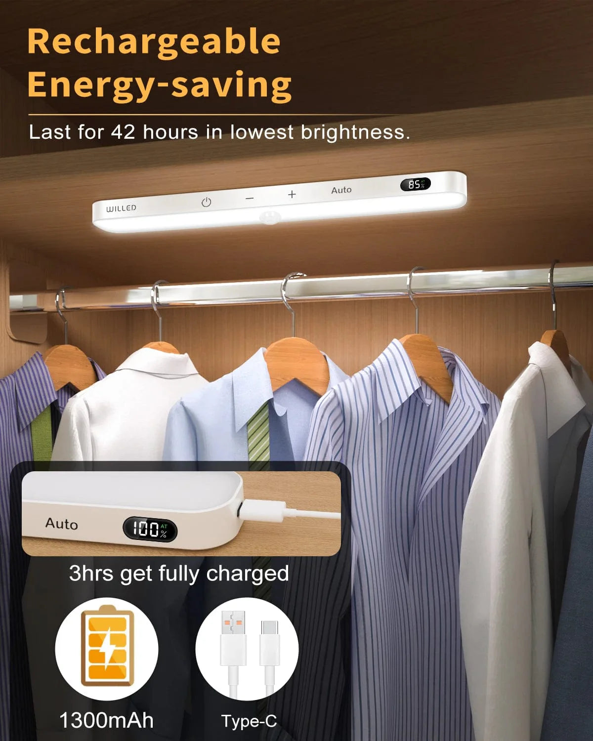 WILLED Motion Sensor Cabinet Light Battery Display 60 LED Touch Light Bar Wireless Rechargeable Battery Night Light Cabinet Light 2PCS