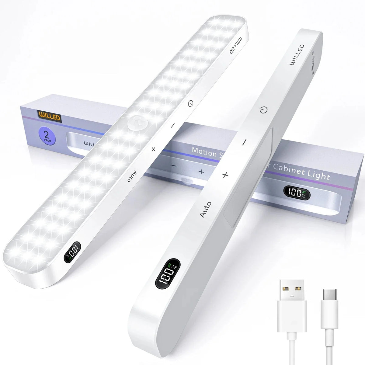 WILLED Motion Sensor Cabinet Light Battery Display 60 LED Touch Light Bar Wireless Rechargeable Battery Night Light Cabinet Light 2PCS