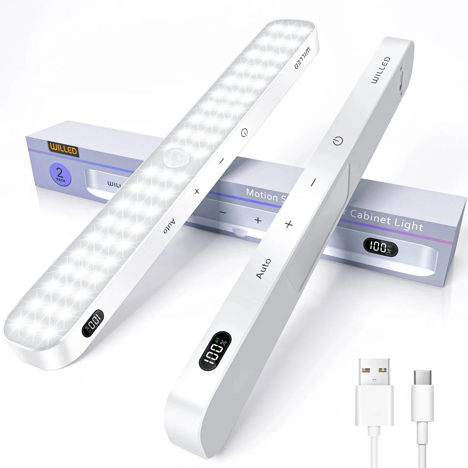 WILLED Motion Sensor Cabinet Light Battery Display 60 LED Touch Light Bar Wireless Rechargeable Battery Night Light Cabinet Light 2PCS
